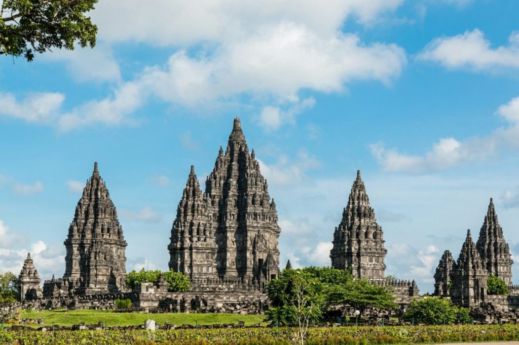 Prambanan temple (Candi Rara Jonggrang) is an hindu temple compound with sunny and cloudy day in